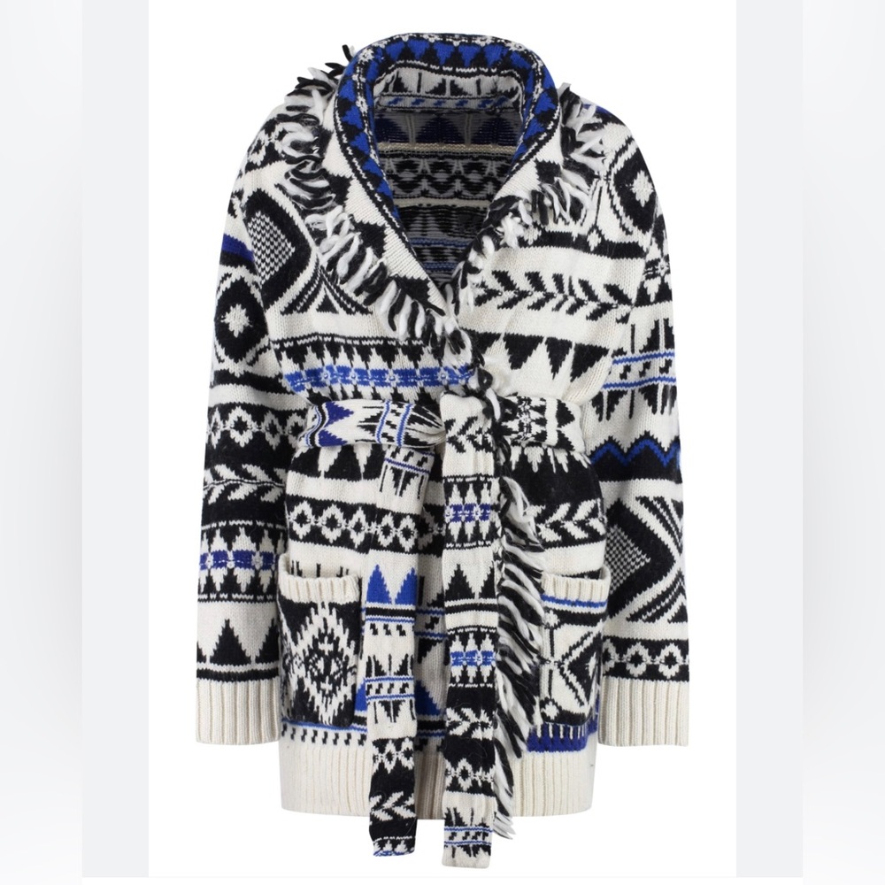 Ralph Lauren Jacquard Cardigan - Geometric Fringe Wool-Blend Cardigan